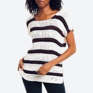 Etro Open Drop Stitch Knit Stripe Short Sleeve Sweater White & Black Size 10 NWT